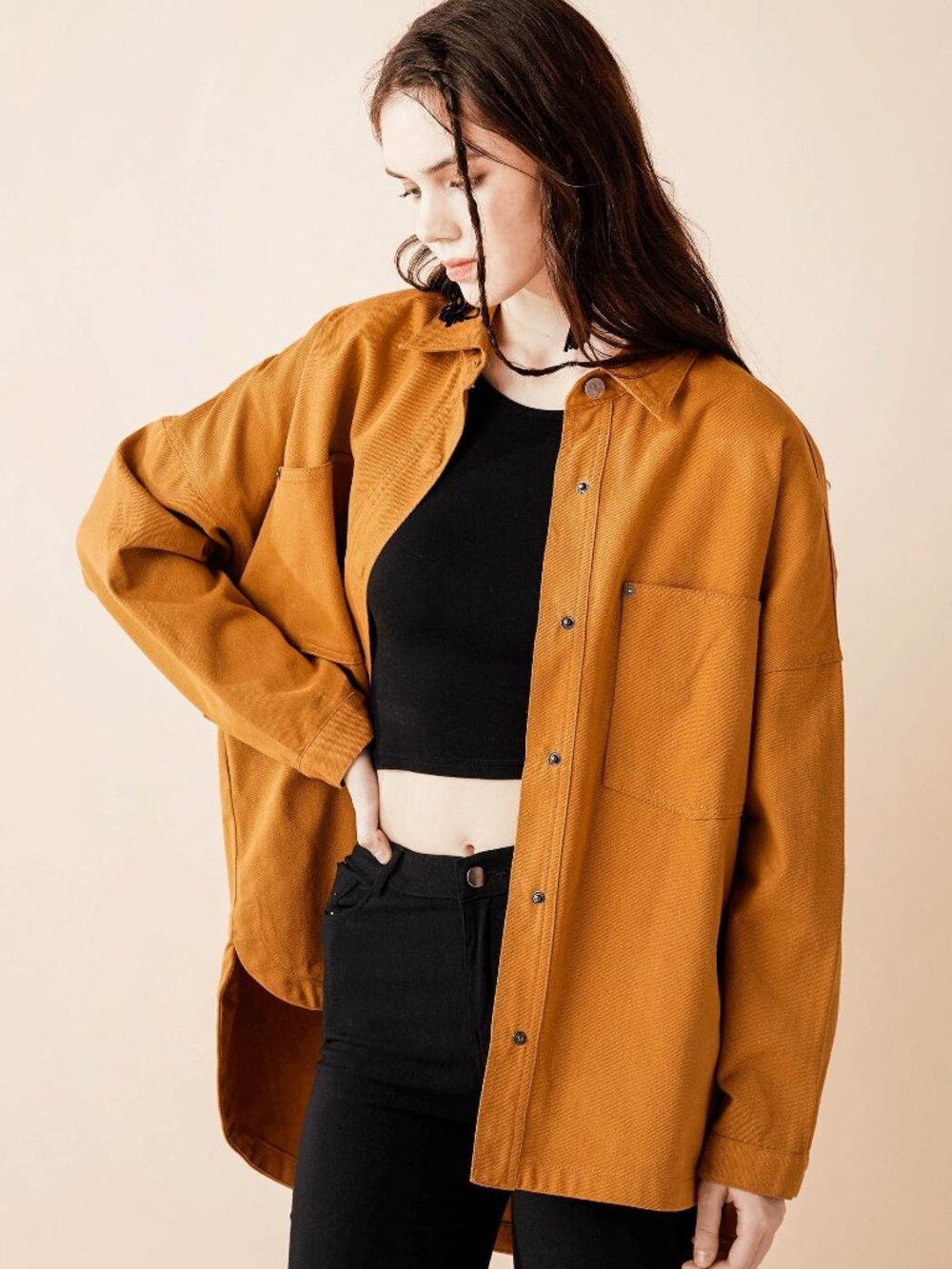 B6 Oversized Denim Twill Shirt Jacket in Camel NEW